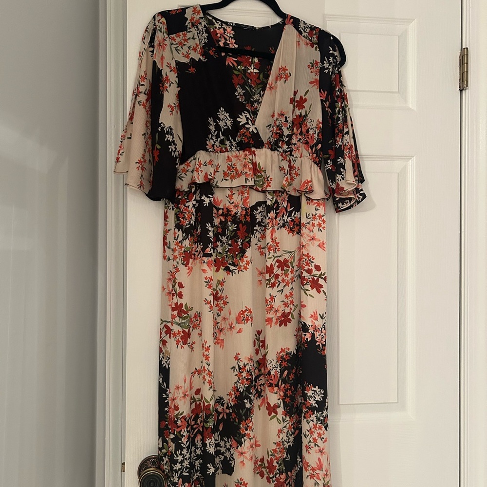 Zara Orange and Pink Maxi Dress with V-neck and Bishop Sleeves